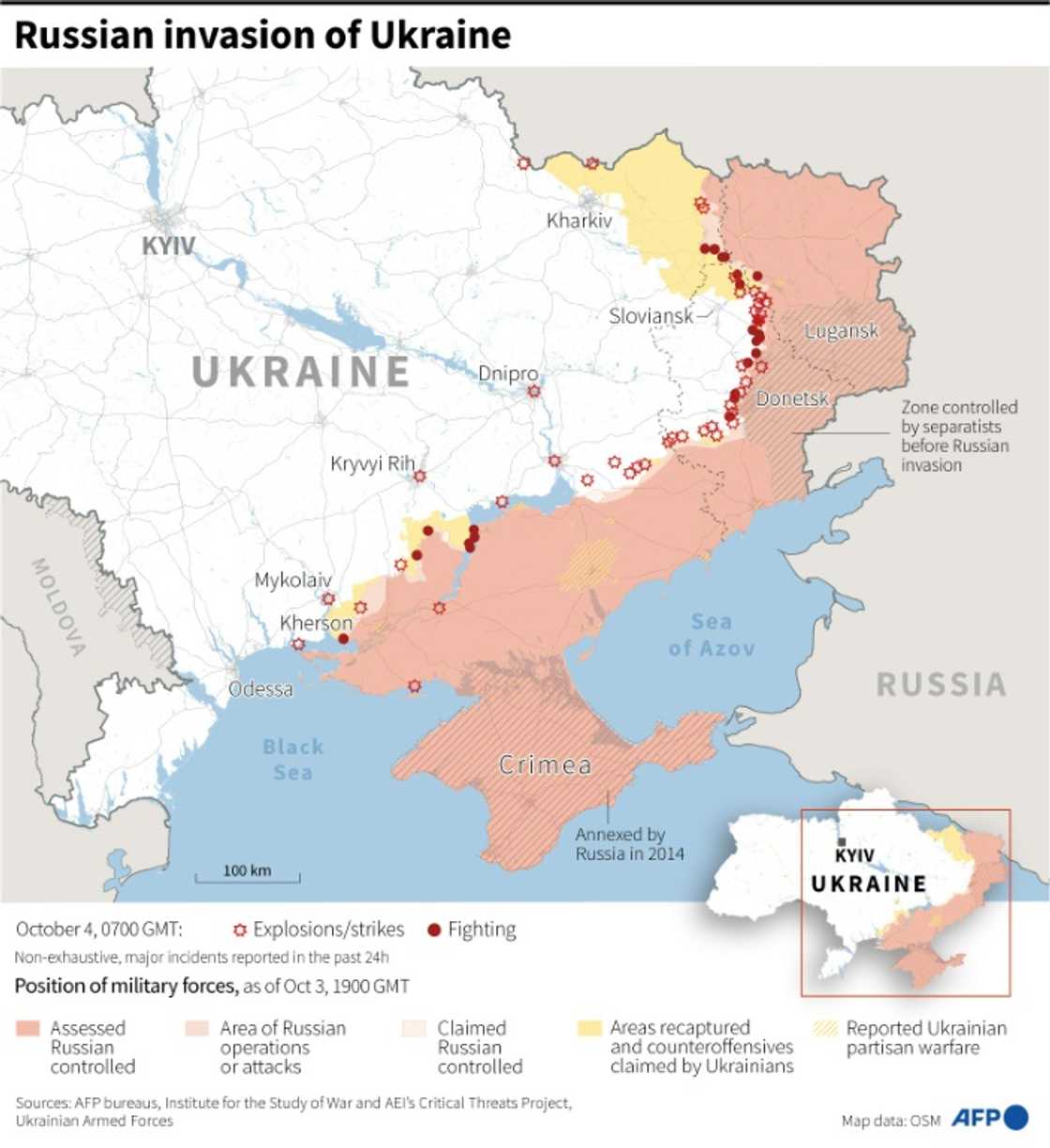 Map showing the situation in Ukraine, as of October 4, 2022 at 0700 GMT