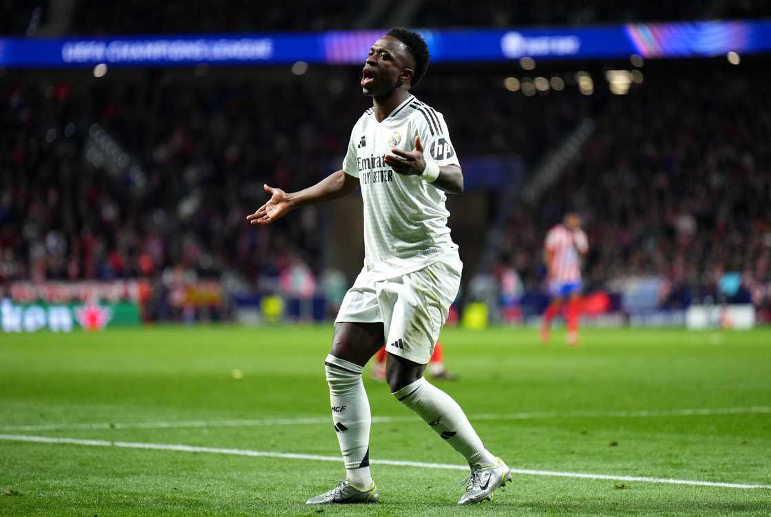 Vinicius Junior of Real Madrid reacts during the UEFA Champions League 2024/25 Round of 16 second leg match between Atletico de Madrid and Real Madrid C.F. at Estadio Metropolitano on March 12, 2025 Vinicius Junior of Real Madrid reacts during the UEFA Champions League 2024/25 Round of 16 second leg match between Atletico de Madrid and Real Madrid C.F. at Estadio Metropolitano on March 12, 2025