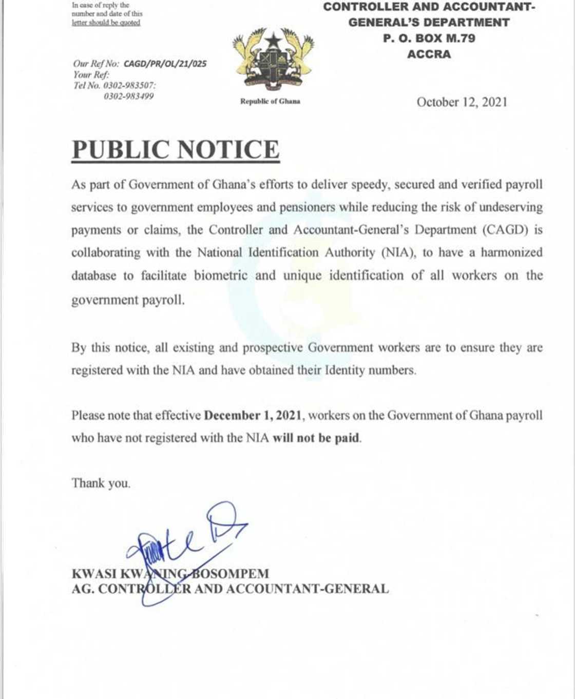 Government workers without Ghana cards will not be receiving salaries starting December 1