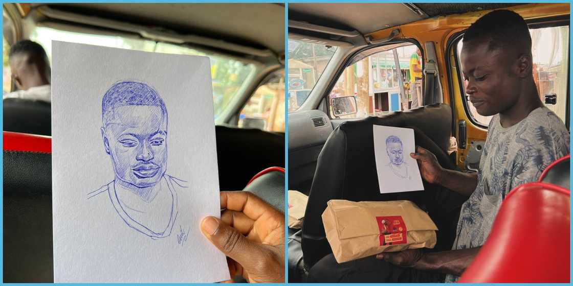 Ghanaian artist sketches trotro mate and gives it to him