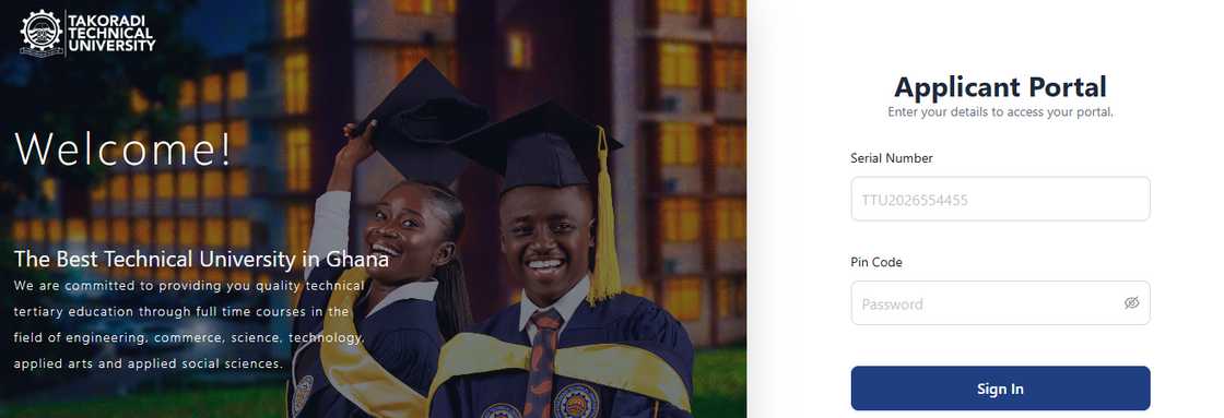 The Takoradi Technical University application portal homepage