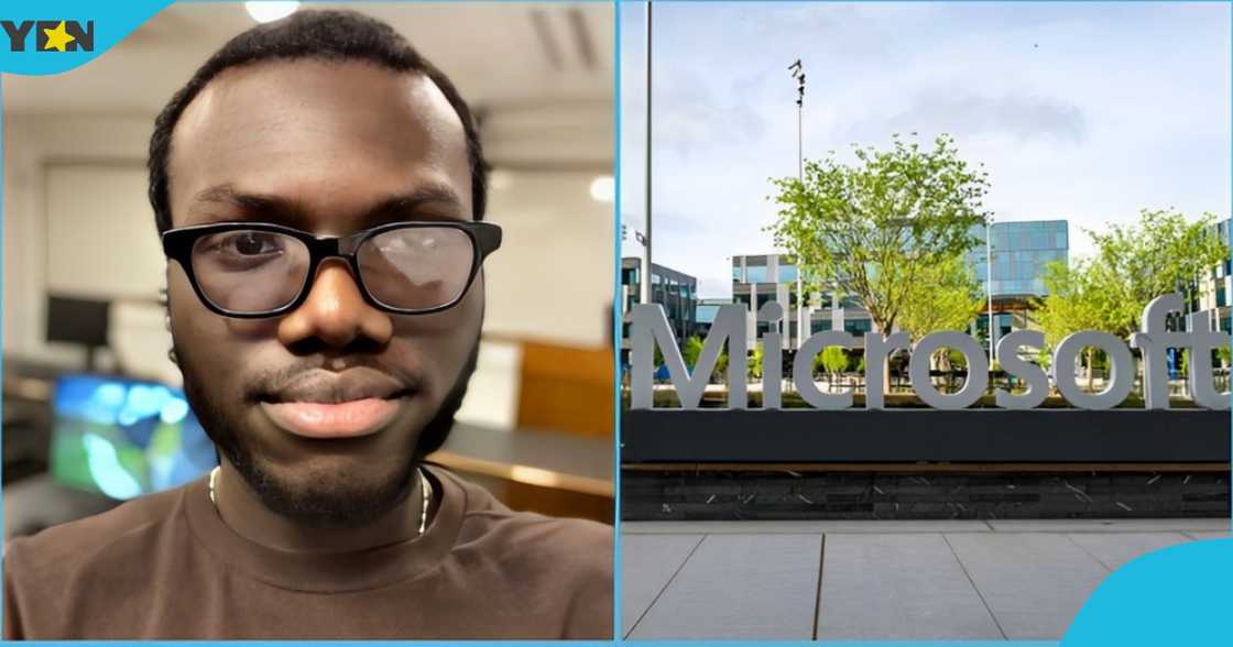 Photo of a Ortis Opoku and the frontage of Microsoft Head office.