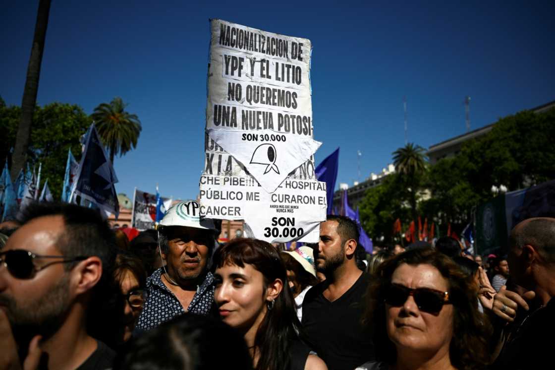 Leftists demonstrate against incoming President Javier Milei and his plans to reform the economy, in Buenos Aires on November 23, 2023; Milei was on his way to the United States