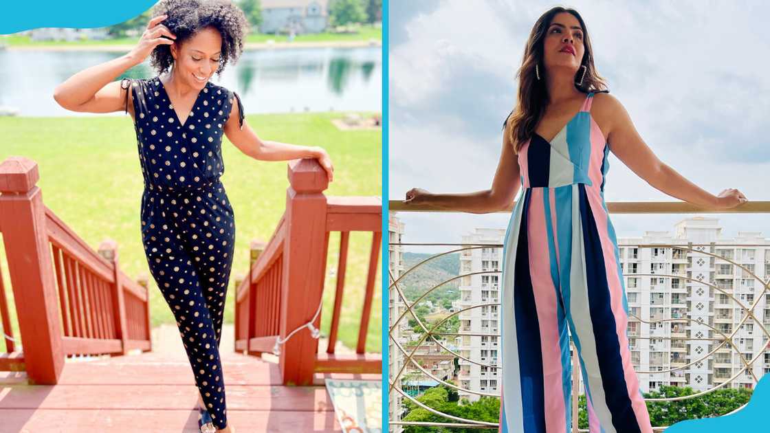 Two models showcase the polka dot jumpsuit (L) and stripped jumpsuit design.