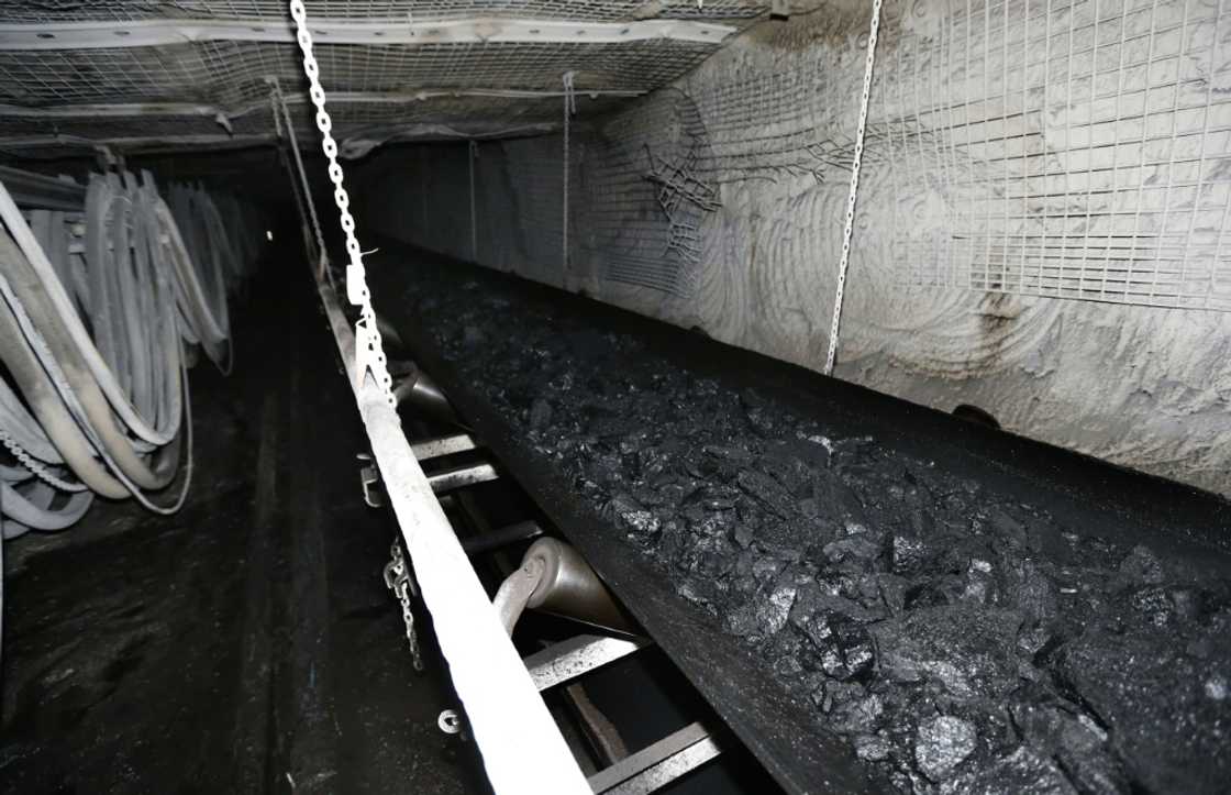 A conveyor belt transports tons of coal at a mine A conveyor belt transports tons of coal at a mine