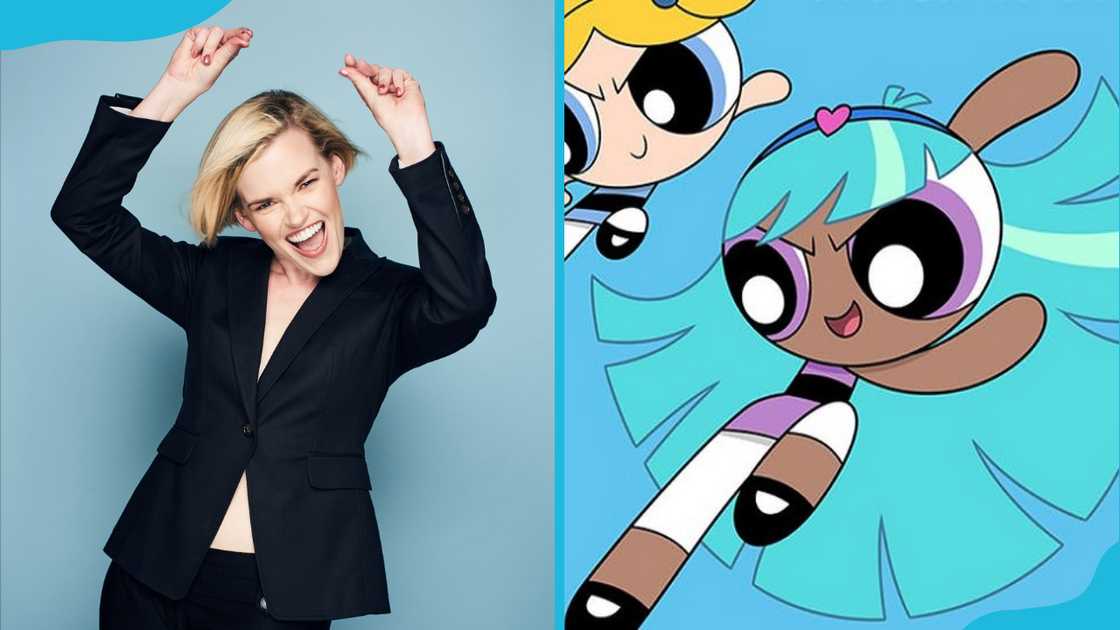 Kari Wahlgren posing energetically in a black suit, alongside her character Bliss, the fourth Powerpuff Girl.