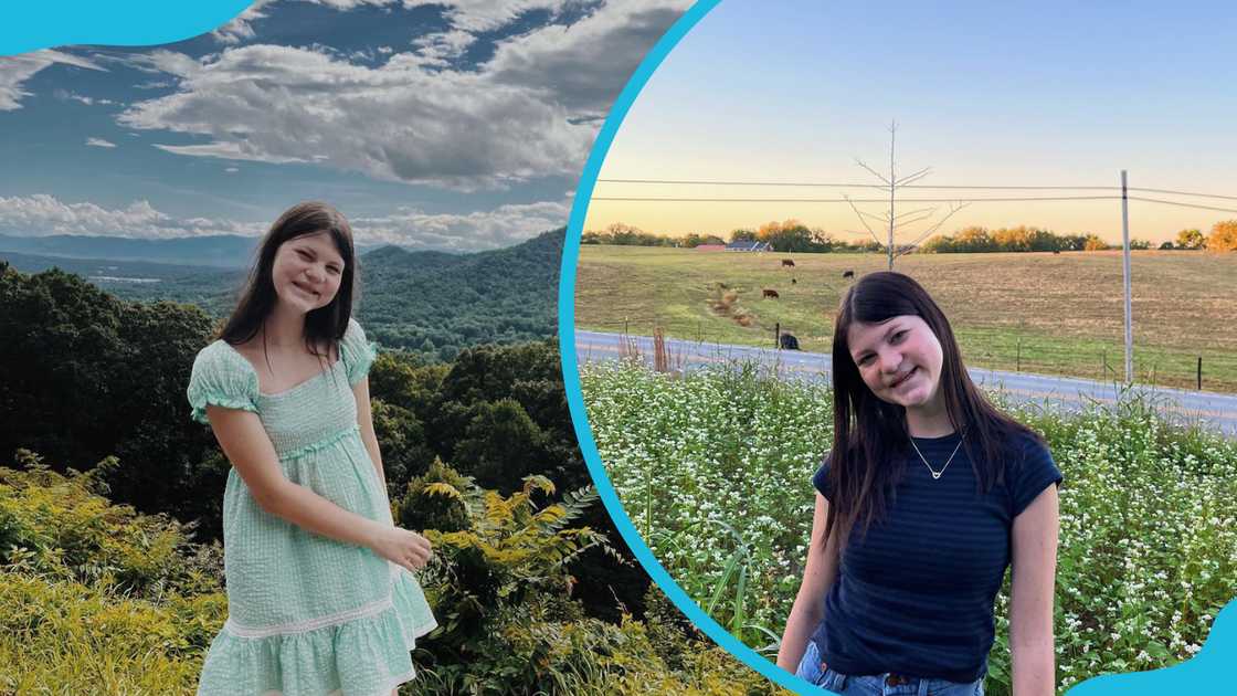 Mia Robertson is pictured outdoors in a blue dress and a navy blue top and denim shorts