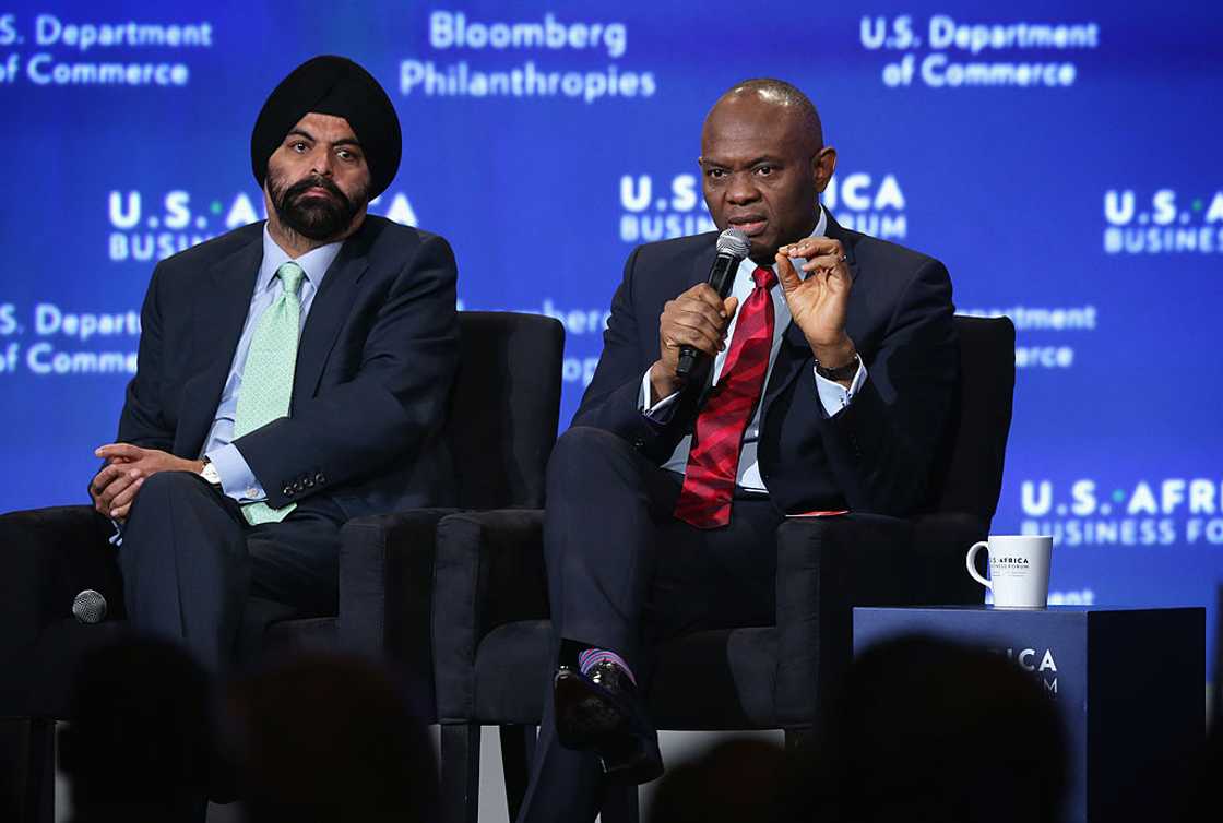 Tony Elumelu (R) and Ajay Banga (L) participate in a session of the U.S.-Africa Business Forum