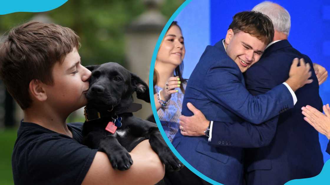 Gus Walz holding his dog Scout (L) and him during his father's third day of the Democratic National Convention (DNC)