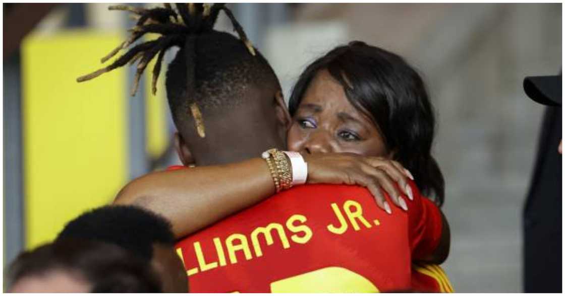 Nico Williams hugging his mother after Spain's Euro 2024 triumph. Nico Williams hugging his mother after Spain's Euro 2024 triumph.