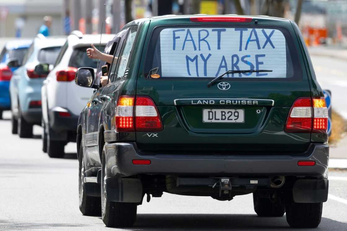 A sign in a vehicle during a protest against the government's plans to tax emissions from farm animals in Wellington on October 20, 2022. A sign in a vehicle during a protest against the government's plans to tax emissions from farm animals in Wellington on October 20, 2022.