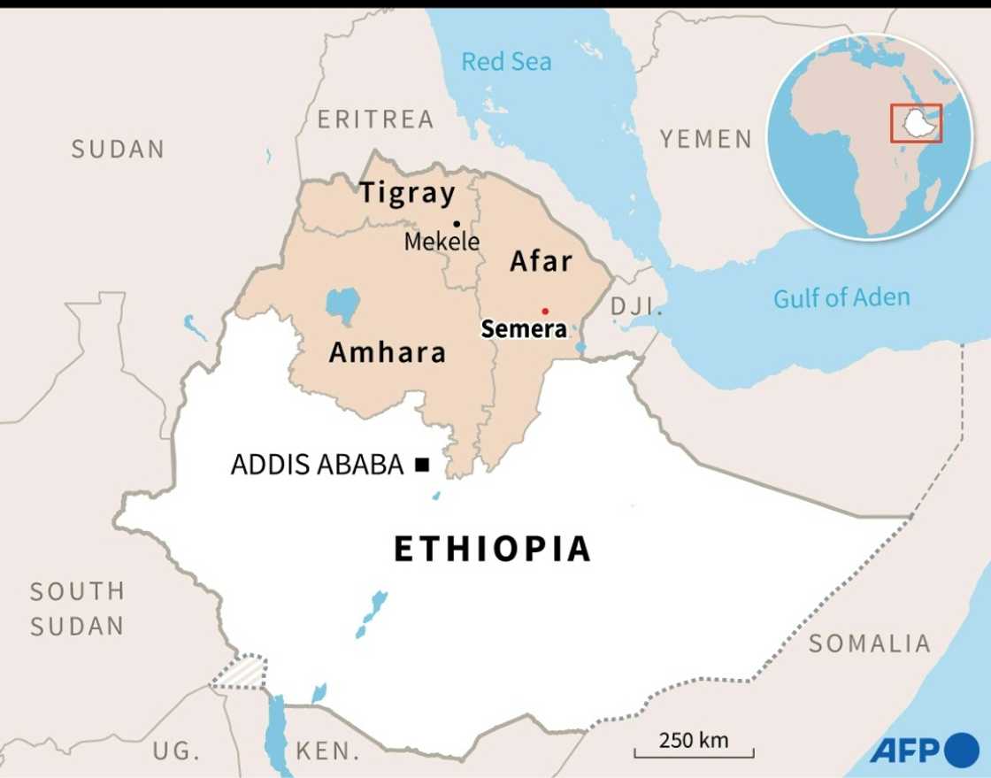 Map showing the Tigray, Afar and Amhara regions of Ethiopia