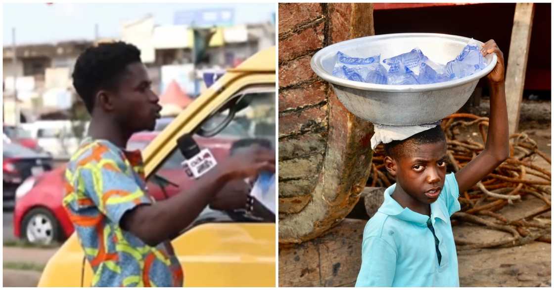 Photos of a young man lamenting the increase in pure water prices and a boy selling sachet water Photos of a young man lamenting the increase in pure water prices and a boy selling sachet water
