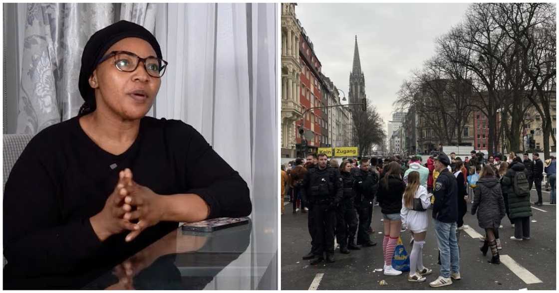 Photo of Ghanaian woman and a German crowd in Cologne