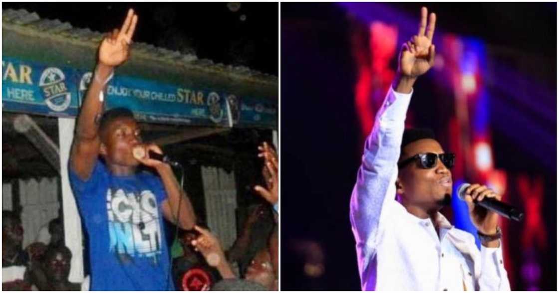 Old and new photos of Kofi Kinaata performing on stage