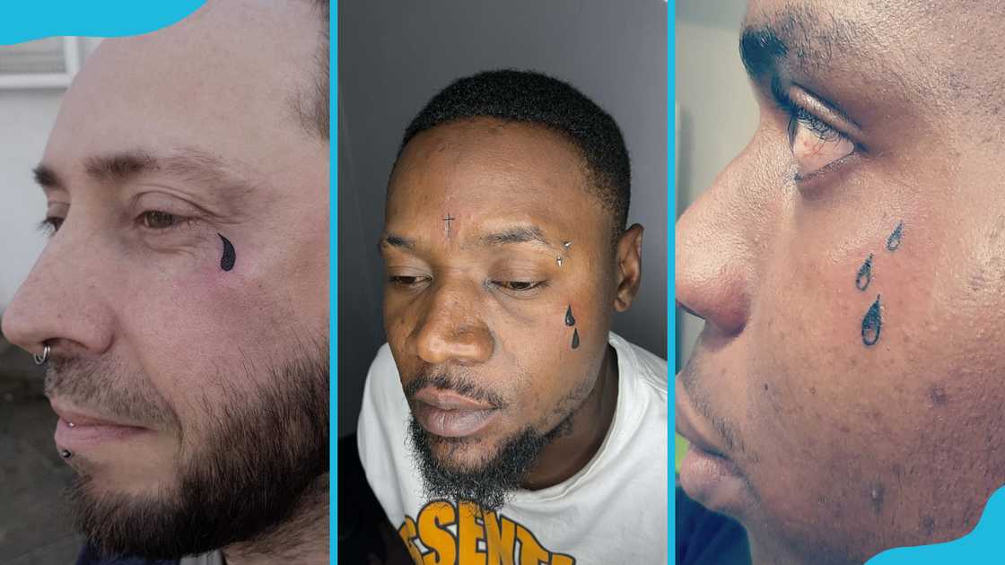 A teardrop tattoo (L), 2 teardrop tattoos (M), and 3 teardrop tattoos (R) A teardrop tattoo (L), 2 teardrop tattoos (M), and 3 teardrop tattoos (R)