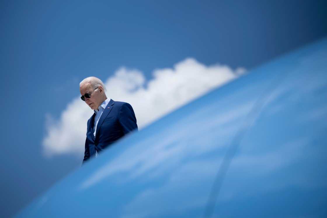 US President Joe Biden disembarks Air Force One in Warwick, Rhode Island