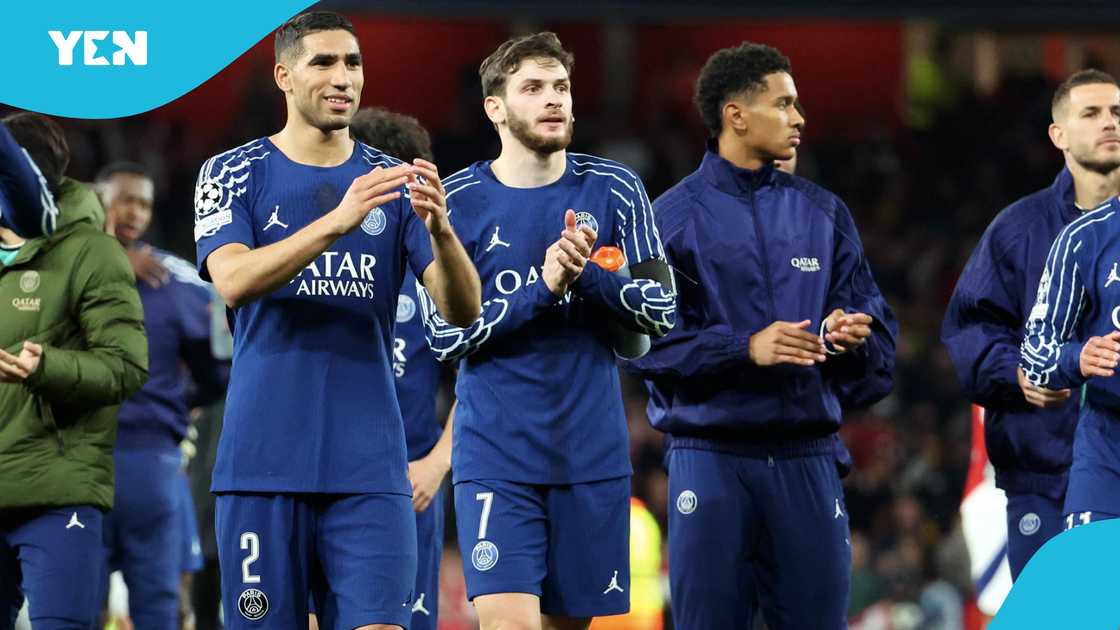 Achraf Hakimi of Paris Saint-Germain celebrate the victory with teammattes after the UEFA Champions League 2024/25 Semi Final First Leg match between Arsenal FC and Paris Saint-Germain at Emirates Stadium on April 29, 2025 in London, England Achraf Hakimi of Paris Saint-Germain celebrate the victory with teammattes after the UEFA Champions League 2024/25 Semi Final First Leg match between Arsenal FC and Paris Saint-Germain at Emirates Stadium on April 29, 2025 in London, England