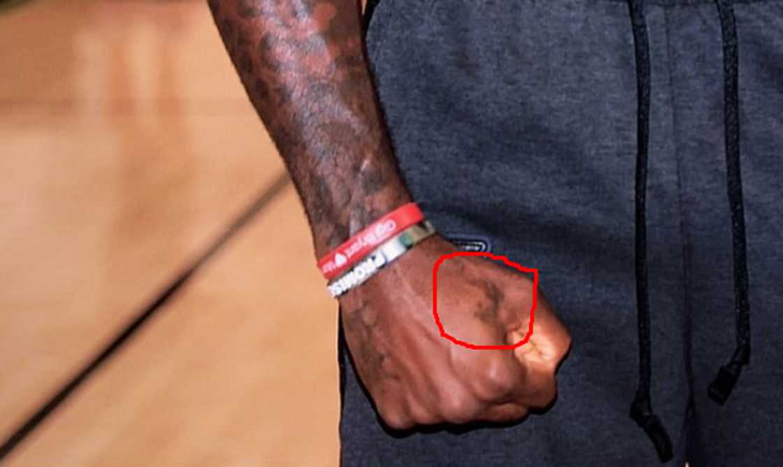 LeBron James KJ1 is tattooed on his right hand LeBron James KJ1 is tattooed on his right hand