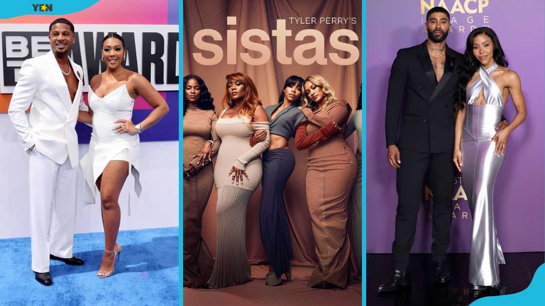 Devale Ellis and Khadeen Ellis (L), the Sistas TV show cover art (C), Skyh Black and KJ Smith (R).