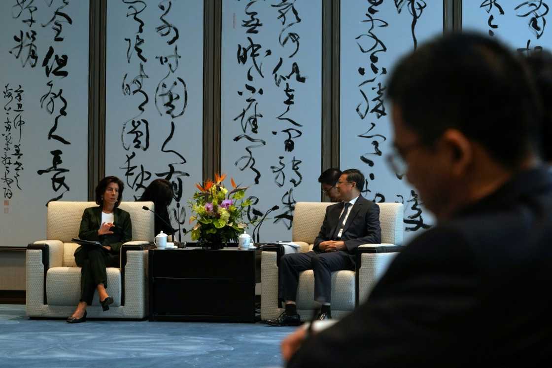 US Commerce Secretary Gina Raimondo (L) talks with Shanghai Party Secretary Chen Jining during a meeting in Shanghai on August 30, 2023. US Commerce Secretary Gina Raimondo (L) talks with Shanghai Party Secretary Chen Jining during a meeting in Shanghai on August 30, 2023.