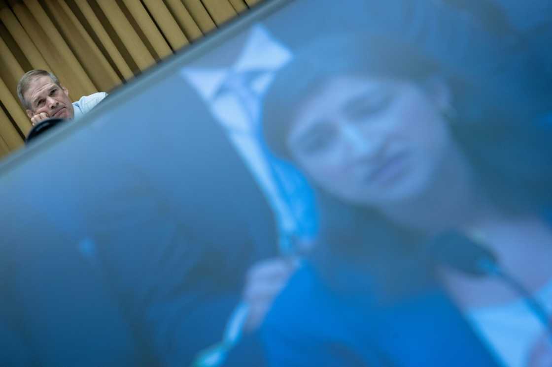 US Representative and committee chairman Jim Jordan looks on as Federal Trade Commission Chair Lina Khan speaks during a House Judiciary Committee hearing in Washington