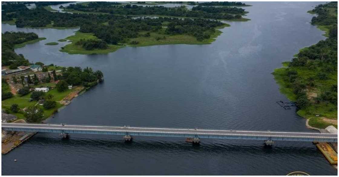 The bridge extends over a water body