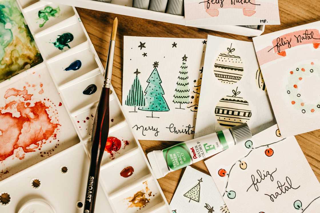 Christmas cards on a wooden table