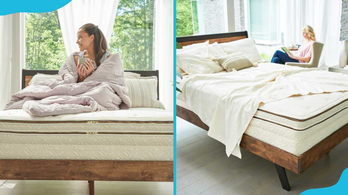 Ladies sit on beds with the cream Elysium Organic mattress