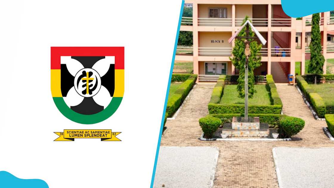 The logo of Catholic University College, Sunyani, next to a beautiful view of the campus.