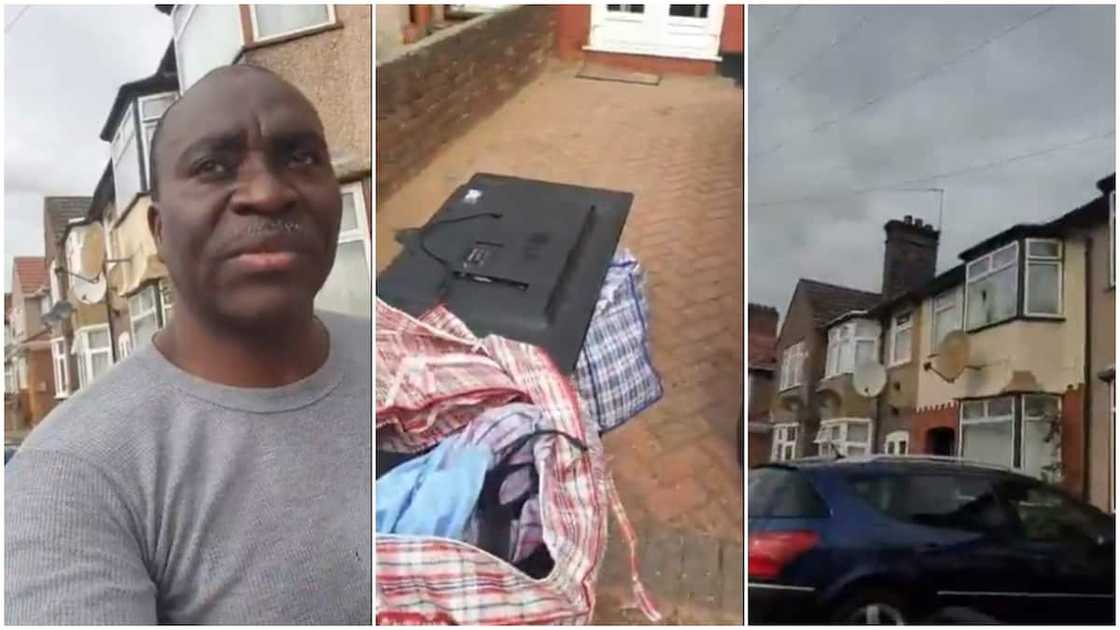 Oyinbo wife in UK throws Nigerian husband out with his bags, clothes, videos goes viral Oyinbo wife in UK throws Nigerian husband out with his bags, clothes, videos goes viral