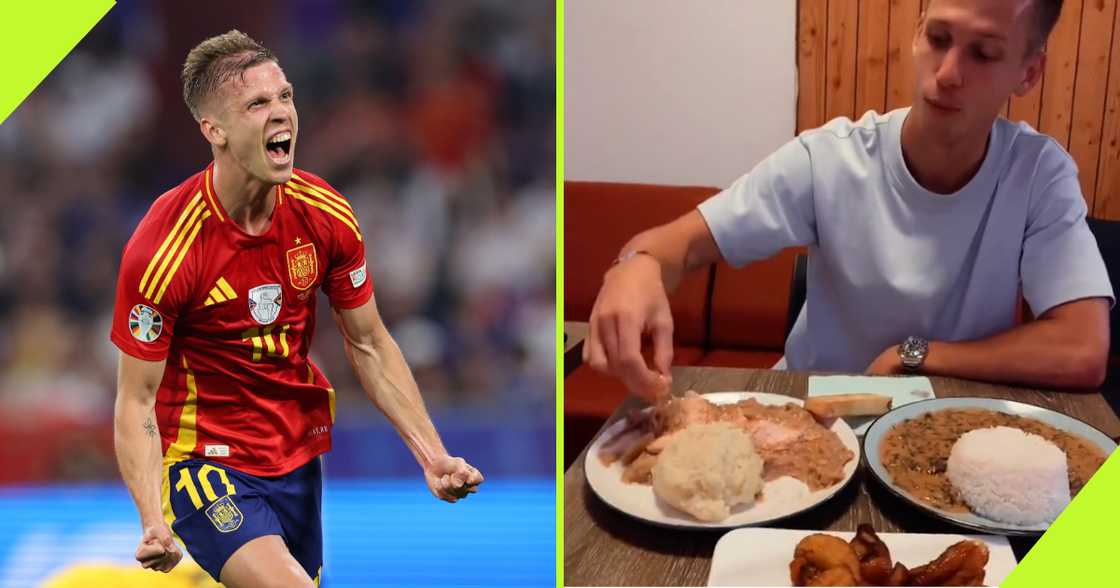 Dani Olmo's previous footage where he was sighted eating plantain and fufu has gone viral after his exploits against France at Euro 2024 has gone viral. Dani Olmo's previous footage where he was sighted eating plantain and fufu has gone viral after his exploits against France at Euro 2024 has gone viral.