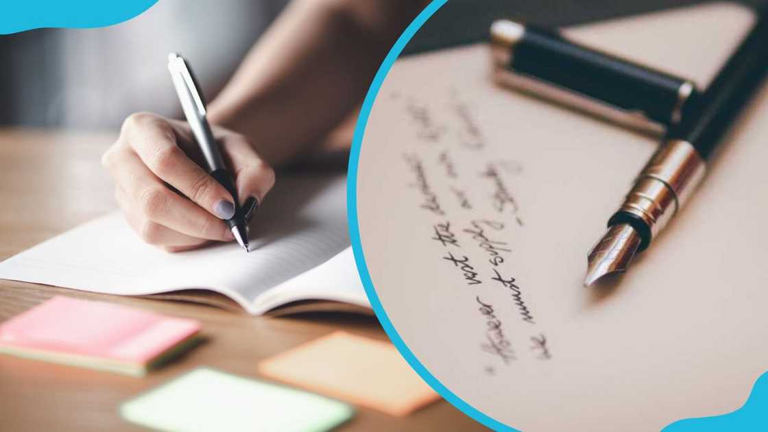 A woman writing a letter at office with documents on his desk and a Black and silver fountain pen on paper. A woman writing a letter at office with documents on his desk and a Black and silver fountain pen on paper.