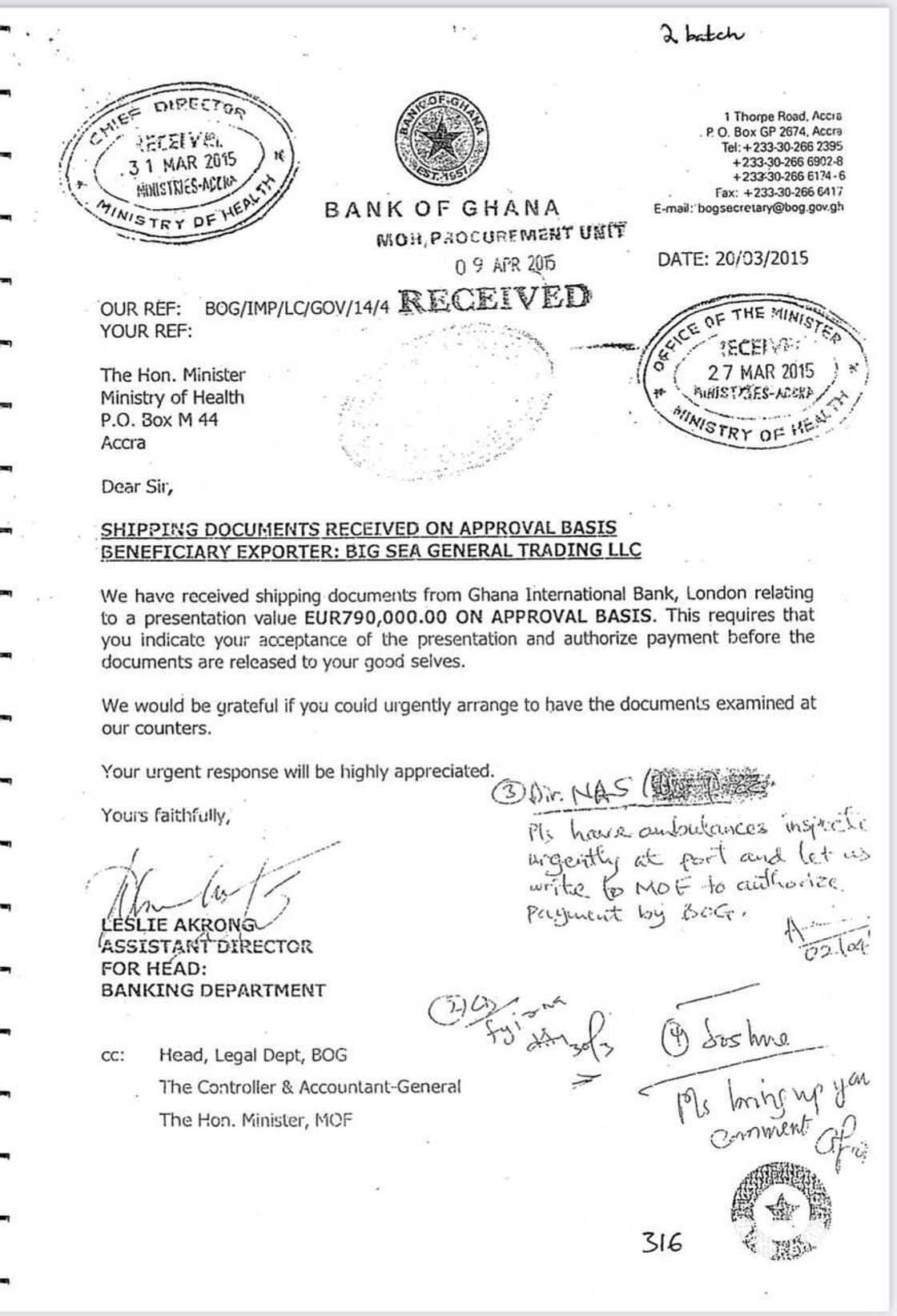 The BoG letter revealed that it was the Health Ministry that authorised the payment of the ambulances The BoG letter revealed that it was the Health Ministry that authorised the payment of the ambulances