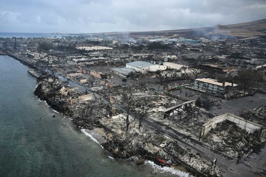 An aerial image shows destroyed homes and businesses along Front Street in Lahaina in the aftermath of wildfires in western Maui, Hawaii on August 10, 2023 An aerial image shows destroyed homes and businesses along Front Street in Lahaina in the aftermath of wildfires in western Maui, Hawaii on August 10, 2023