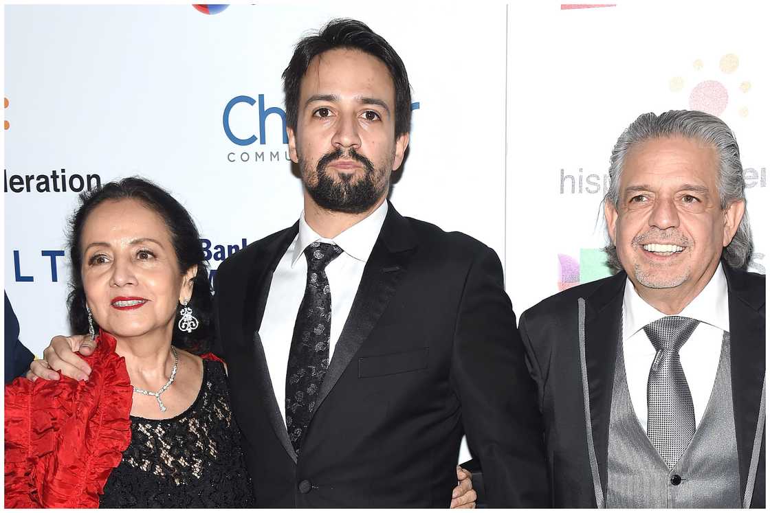 Lin-Manuel Miranda (C) with parents Dr. Luz Towns-Miranda and Luis Miranda. Lin-Manuel Miranda (C) with parents Dr. Luz Towns-Miranda and Luis Miranda.
