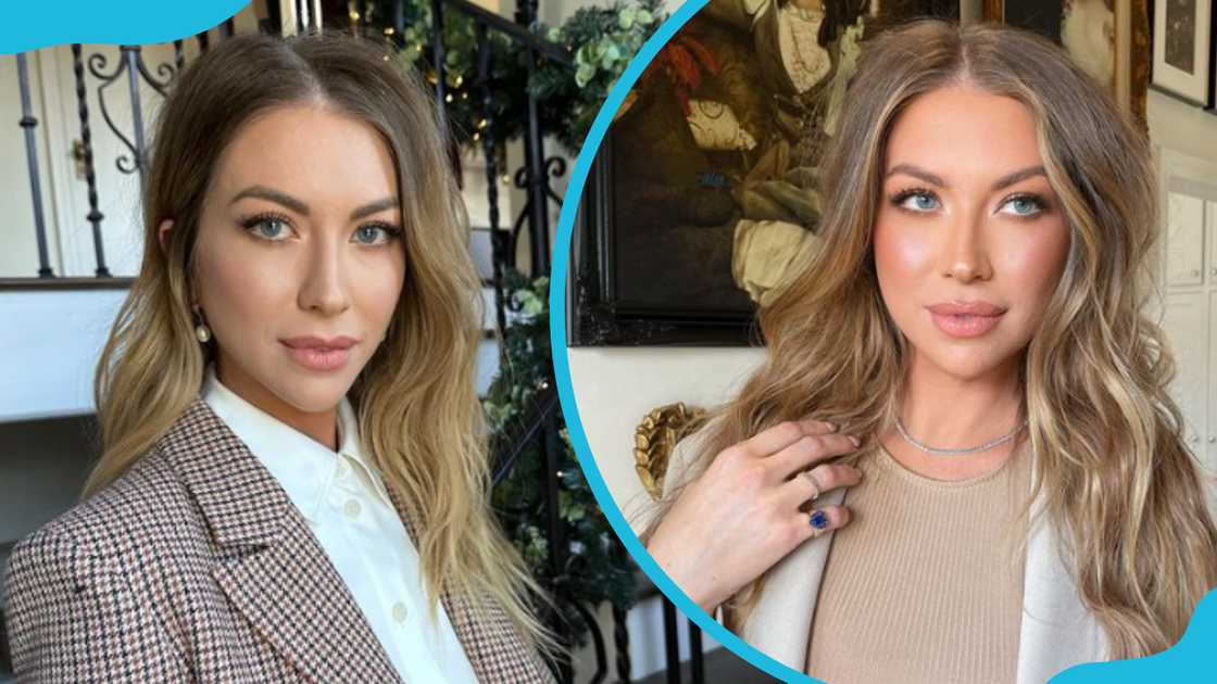 Stassi Schroeder in a plaid blazer (L) and a beige top. Stassi Schroeder in a plaid blazer (L) and a beige top.