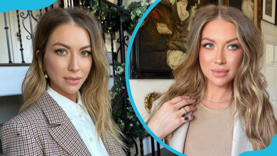 Stassi Schroeder in a plaid blazer (L) and a beige top.