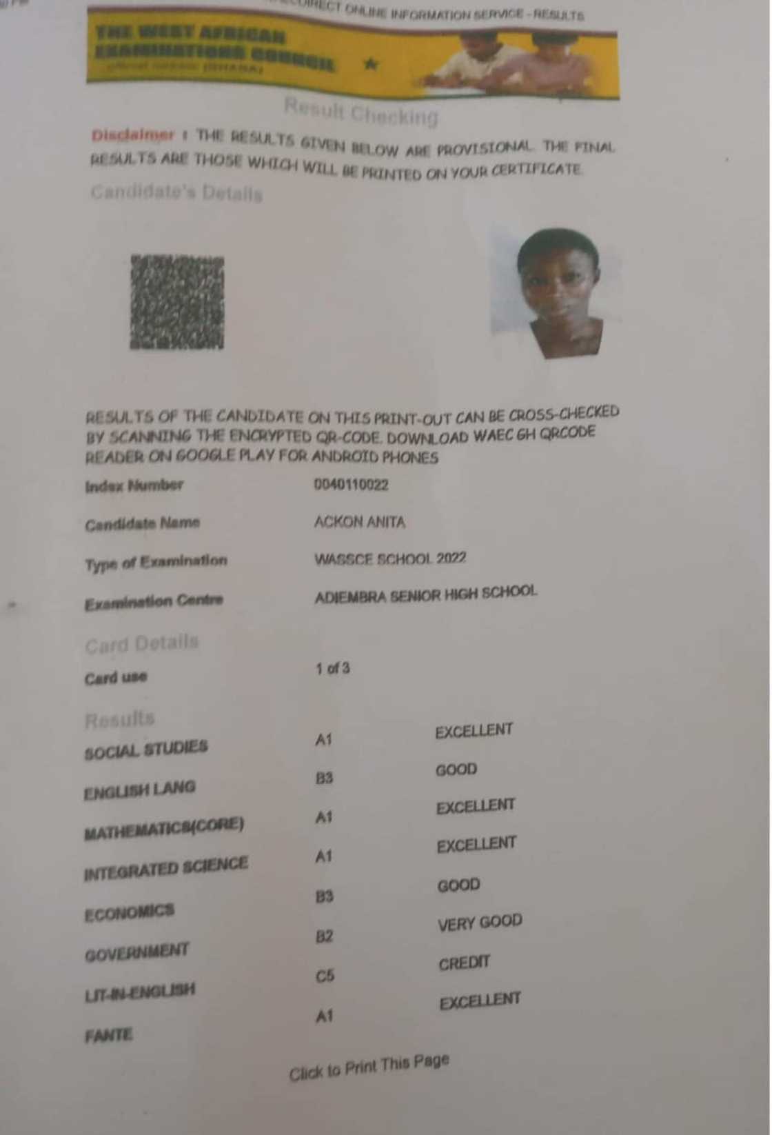 Photo of Anita Ackon's WASSCE results. Photo of Anita Ackon's WASSCE results.
