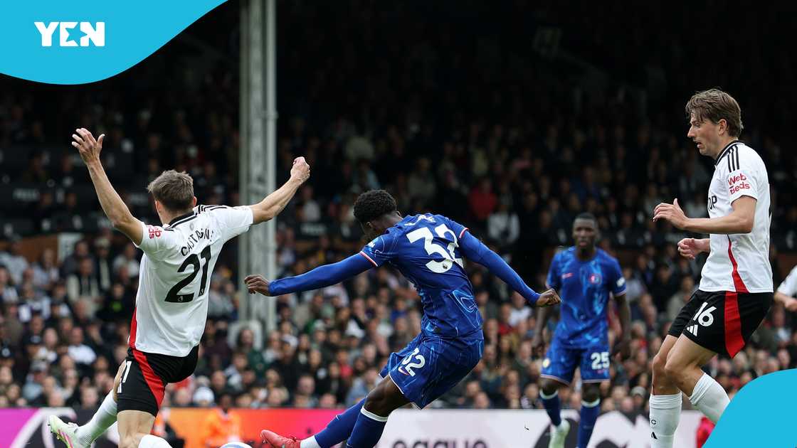 Tyrique George scored his maiden Premier League goal for Chelsea against Fulham on April 20, 2025. Photo by Ryan Pierse. Tyrique George scored his maiden Premier League goal for Chelsea against Fulham on April 20, 2025. Photo by Ryan Pierse.