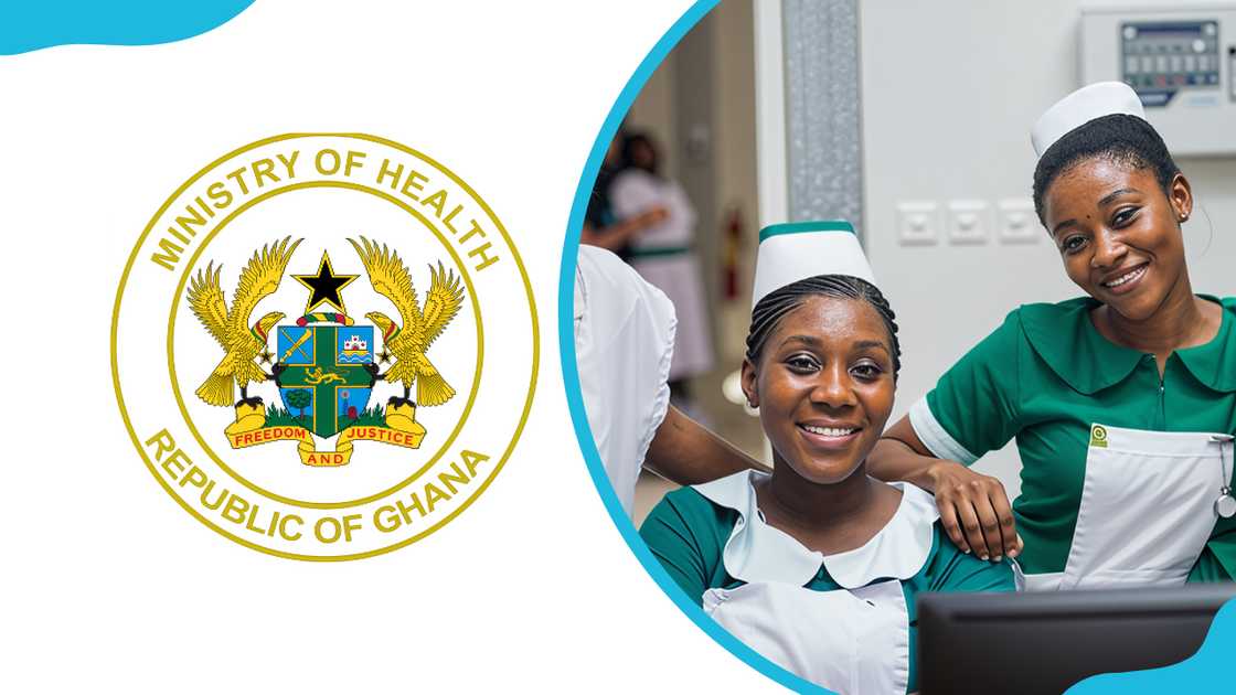 The Ministry of Health Ghana logo (L). Nurses pose at a Ghanaian hospital (R).