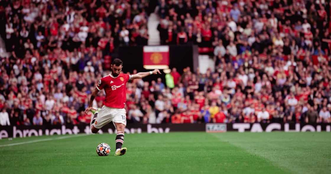 Bruno Fernandes of Manchester United in action during the Premier League match between Manchester United and Aston Villa at Old Trafford on September 25, 2021 in Manchester, England. (Photo by Ash Donelon/Manchester United via Getty Images)