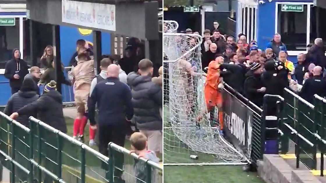 Northern Premier League West Division, Vestacare Stadium incident, Kidsgrove Athletic goalkeeper, Avro FC news, football violence England, match suspension, referee abandons game, fan-player clash, English football chaos, non-league football news