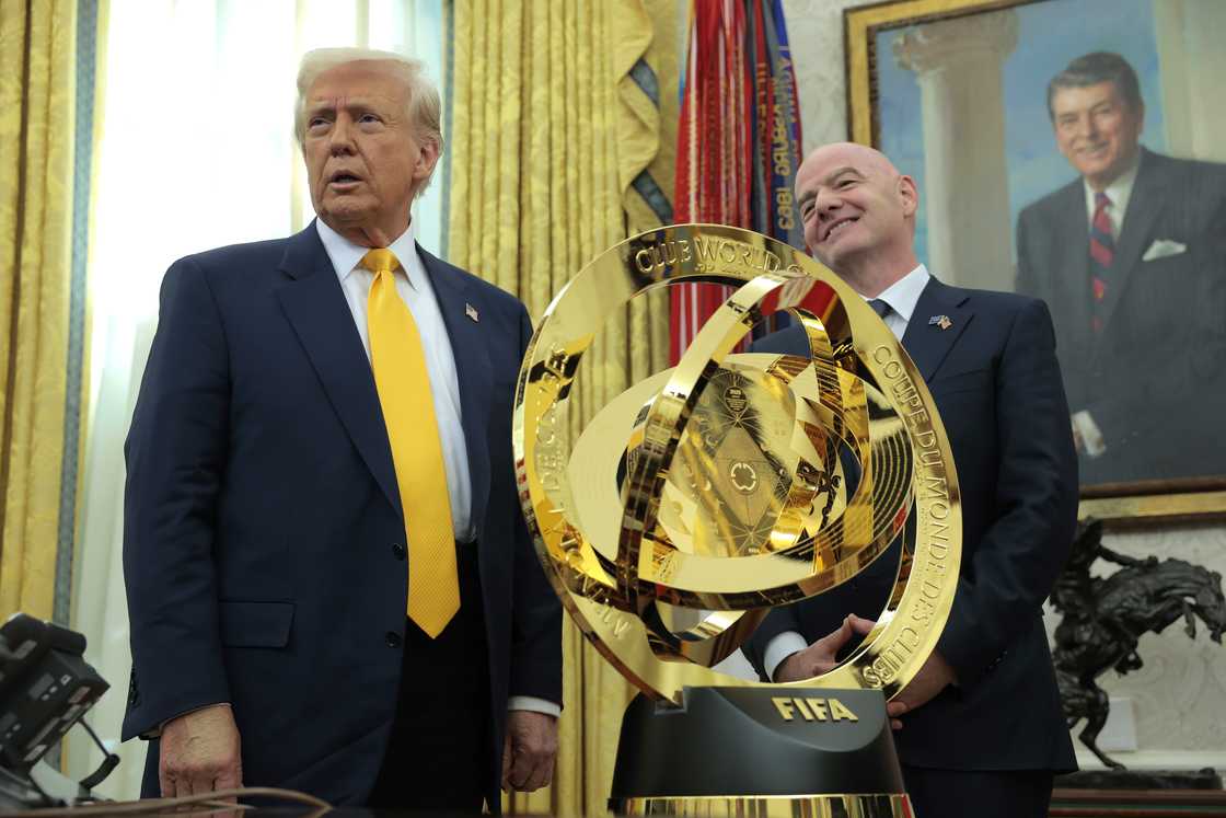 US President Donald Trump speaks alongside FIFA President Gianni Infantino after unveiling the 2025 Club World Cup trophy in the Oval Office at the White House on March 07, 2025 US President Donald Trump speaks alongside FIFA President Gianni Infantino after unveiling the 2025 Club World Cup trophy in the Oval Office at the White House on March 07, 2025