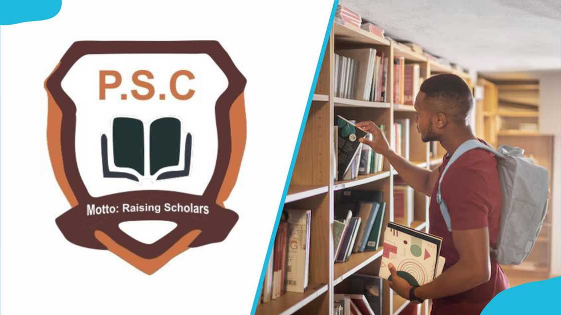 PSC's logo and a student searching for books