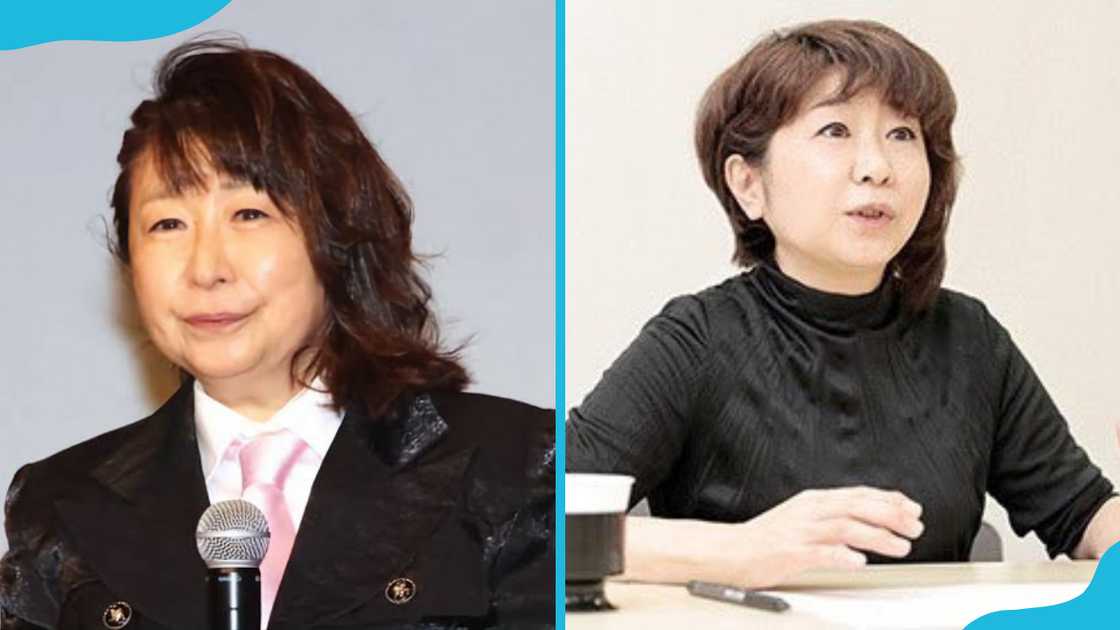 Mayumi Tanaka is standing against a grey background (L). She is in a room (R)