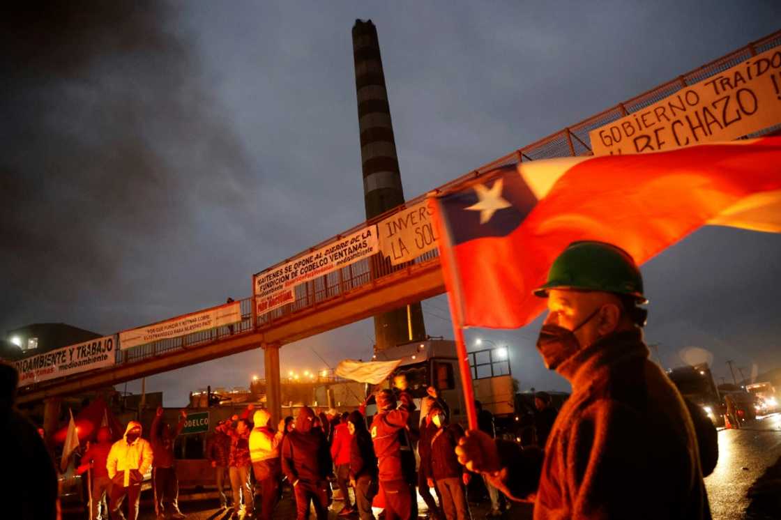 Miners block access to the Ventanas copper smelter in Chile during the start of an "undefined" national strike of workers of the state mining company Codelco -- the world's largest copper producer Miners block access to the Ventanas copper smelter in Chile during the start of an "undefined" national strike of workers of the state mining company Codelco -- the world's largest copper producer