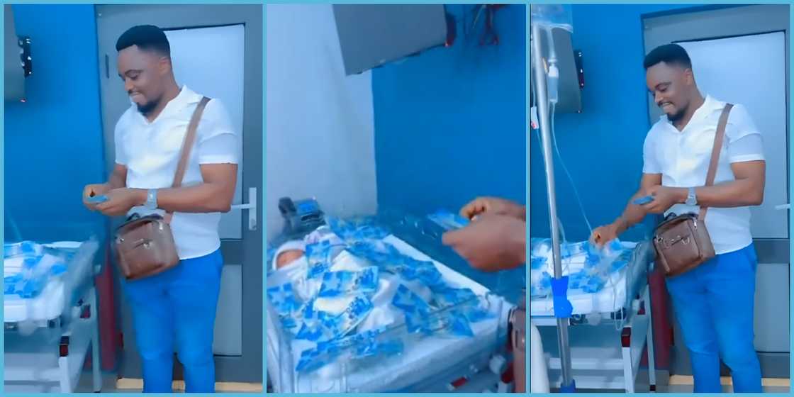 Ghanaian man sprays newborn with cash to welcome him into the world. Ghanaian man sprays newborn with cash to welcome him into the world.