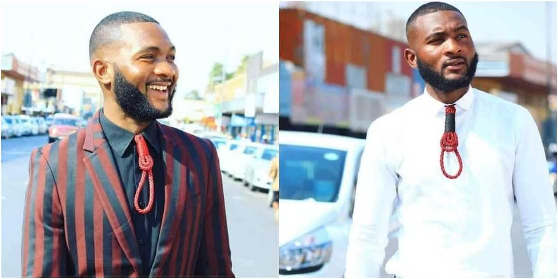 Man putting on a rope-like tie