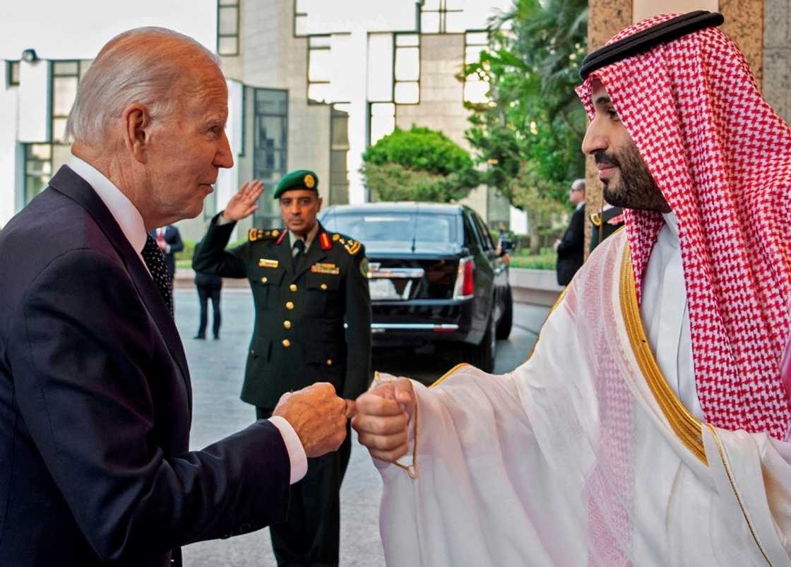 Saudi Crown Prince Mohammed bin Salman bumps fists with US President Joe Biden at Al-Salam Palace in the Red Sea port of Jeddah on July 15, 2022 Saudi Crown Prince Mohammed bin Salman bumps fists with US President Joe Biden at Al-Salam Palace in the Red Sea port of Jeddah on July 15, 2022